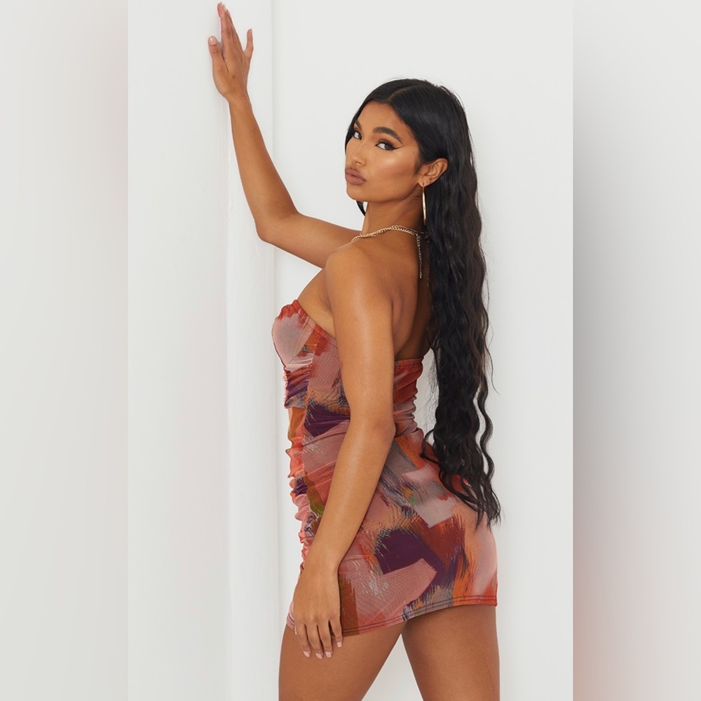 Orange Abstract Print Bandeau Ruched Bodycon Dress